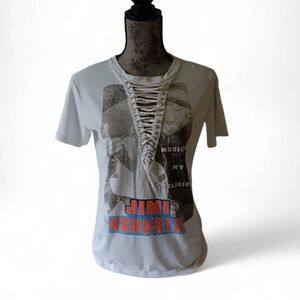 Jimmy Hendrix women's white short-sleeve v-neck lace up t-shirt S